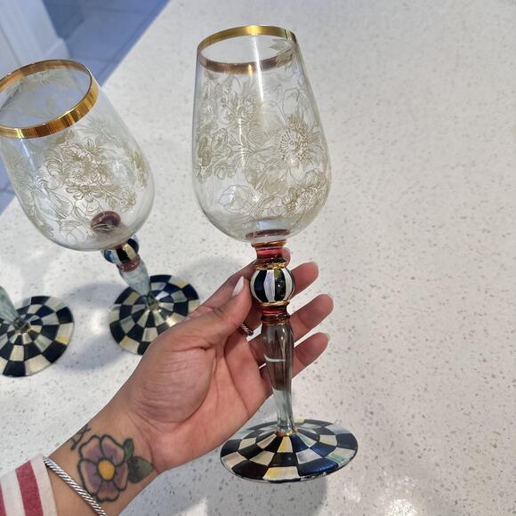 MacKenzie Childs Blooming Wine Glasses Goblet Courtly Check Set Of 3 Designer - Picture 10 of 15